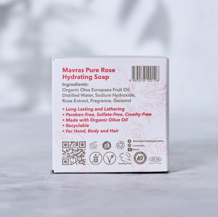 Mavras Rose Hydrating Olive Oil Soap Bar 150g | Cold-Pressed Olive Oil with Rose Botanicals | Gentle Daily Cleansing Soap for Face & Body | Vegan, Cruelty-Free, Handmade in Türkiye